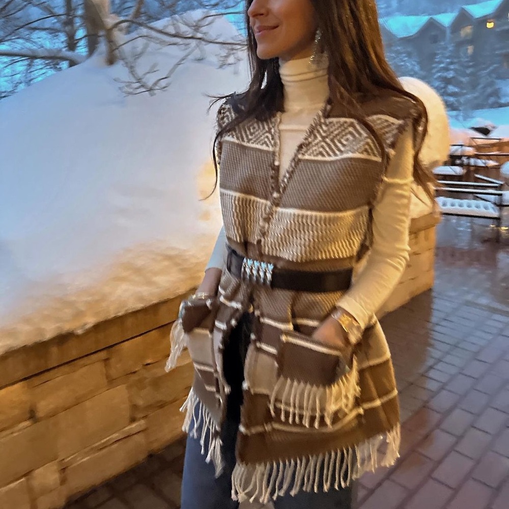 Vintage Ralph Lauren XS Tan and Blue Fringe Sweater - Picture 2 of 7